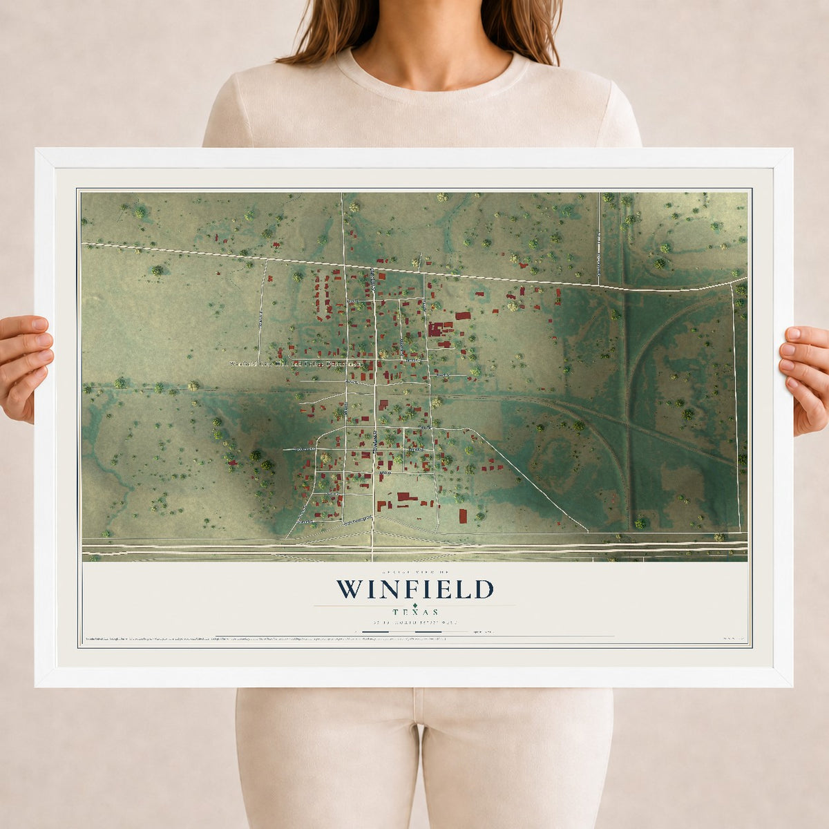 Map of Winfield, Texas, 18 x 24 inch print in a white wood frame
