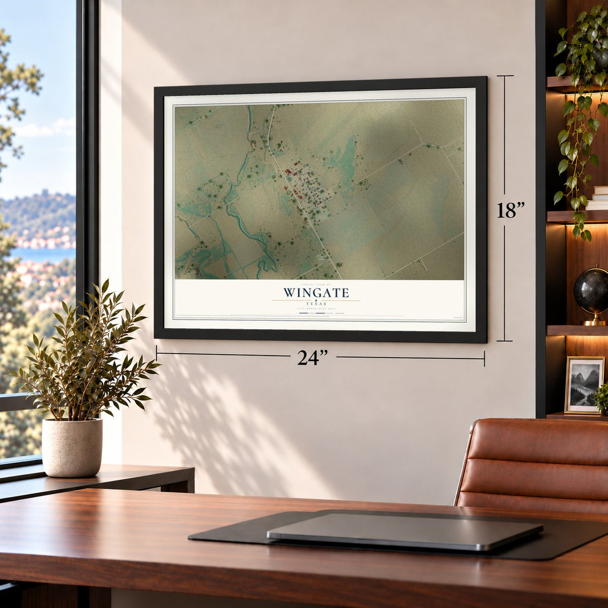 Wingate, Texas map, 18 x 24 inch print in a black frame in a home office