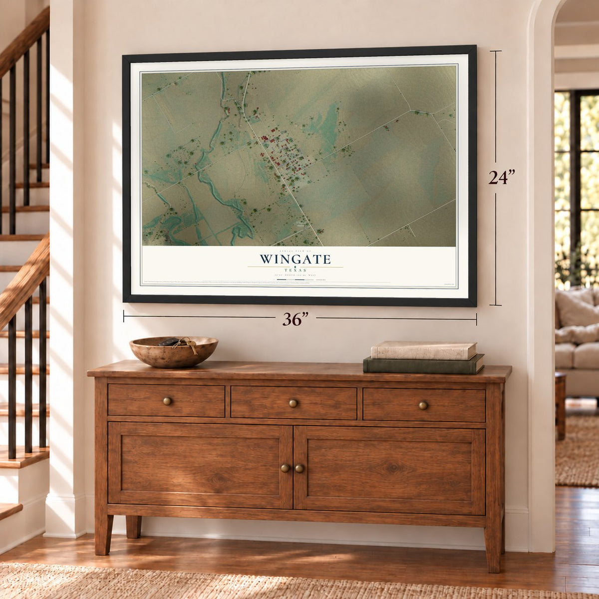 Wingate, Texas map, 24 x 36 inch print in a black frame above a dresser by a staircase
