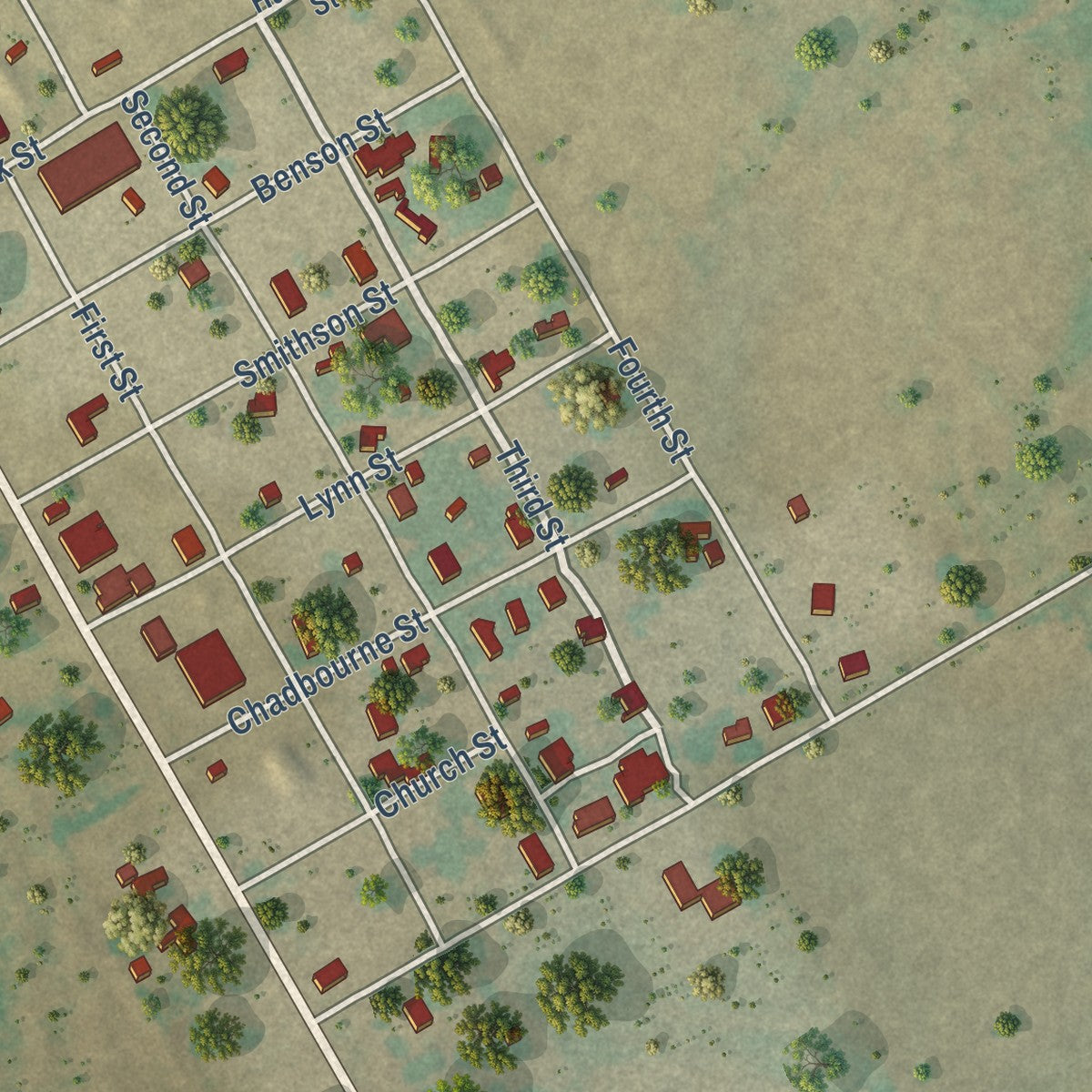 Close-up of the map of Wingate, Texas print showing street and building detail