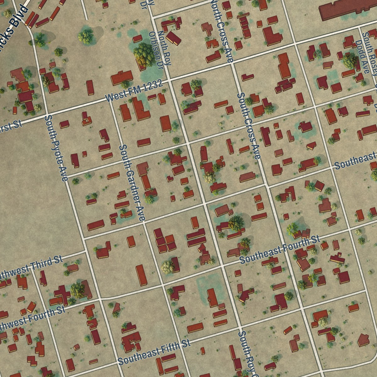 Close-up of the map of Wink, Texas print showing street and building detail
