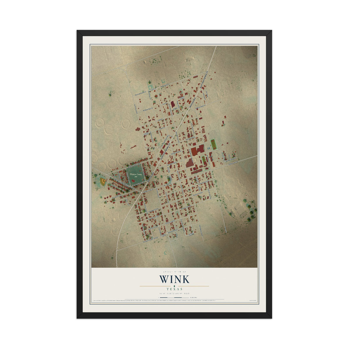 Map of Wink, Texas, 12 x 18 inch print in a black wood frame