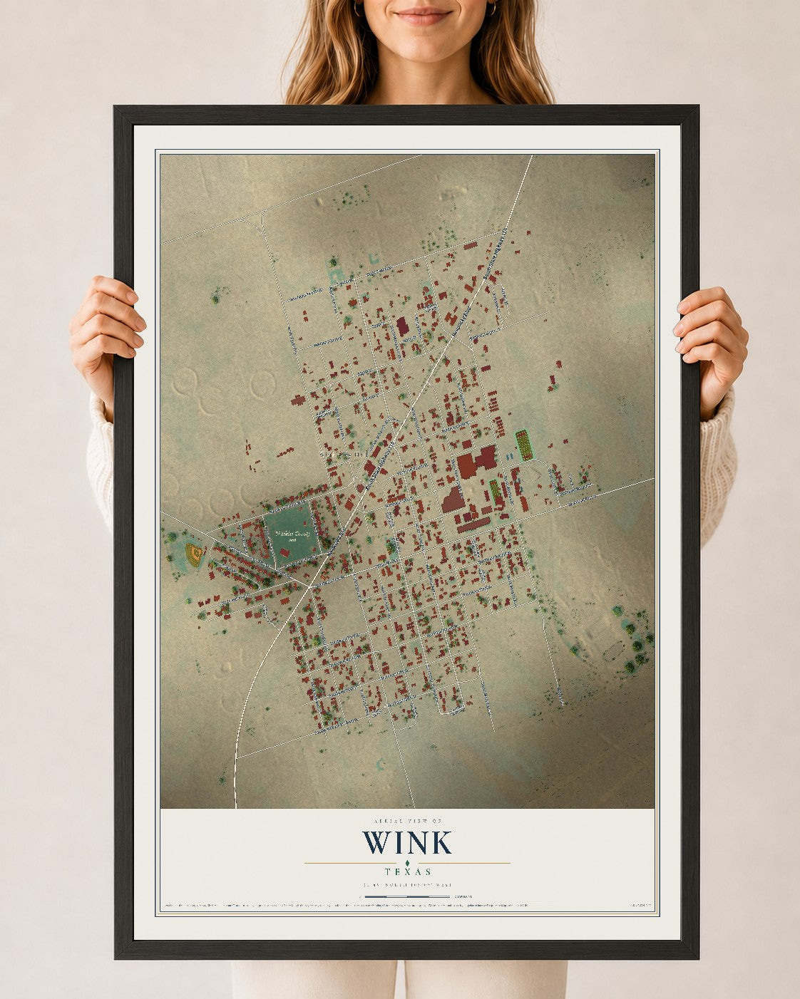 Map of Wink, Texas, 24 x 36 inch print in a black wood frame