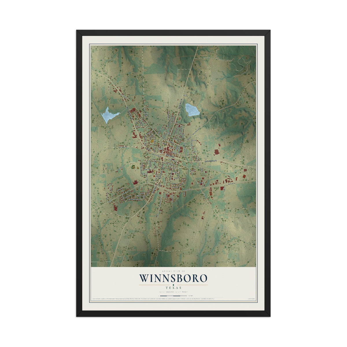 Map of Winnsboro, Texas, 12 x 18 inch print in a black wood frame