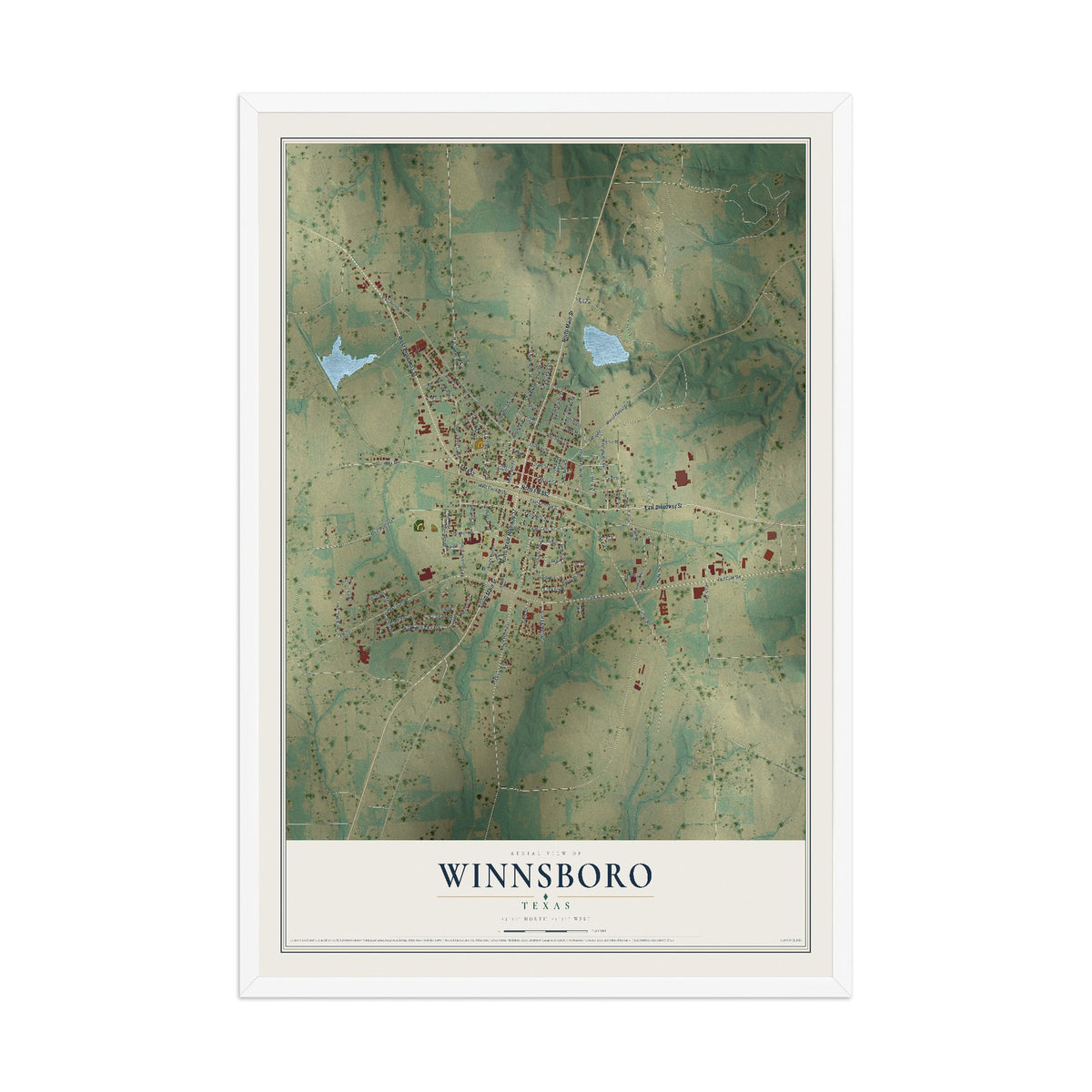 Map of Winnsboro, Texas, 12 x 18 inch print in a white wood frame