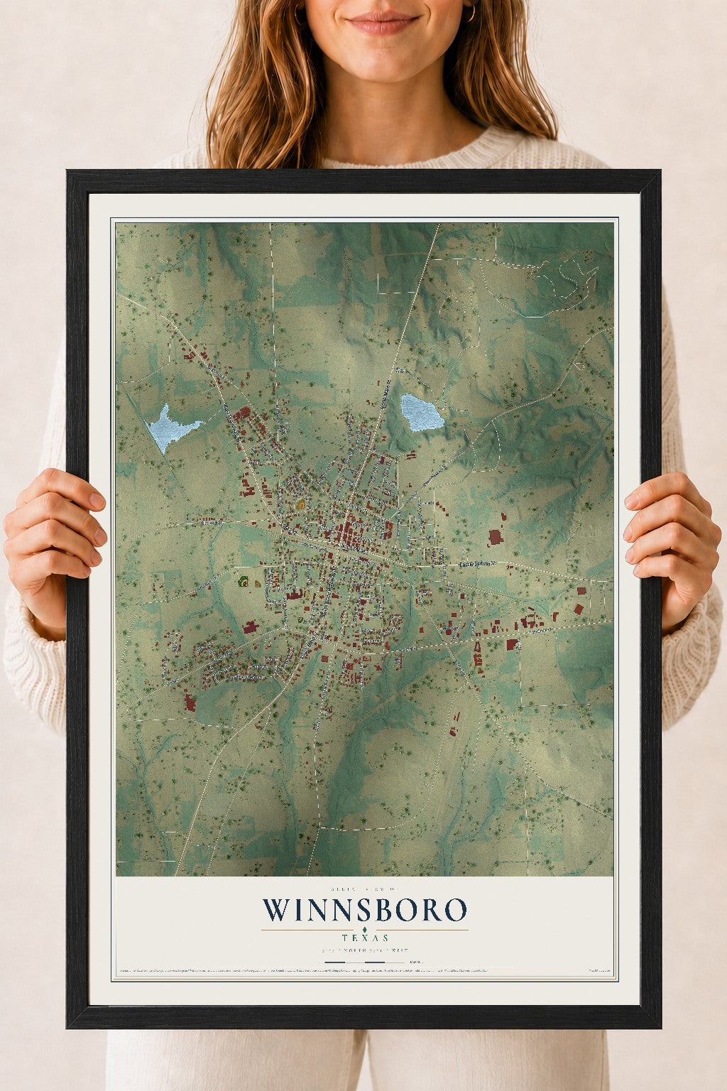 Map of Winnsboro, Texas, 18 x 24 inch print in a black wood frame