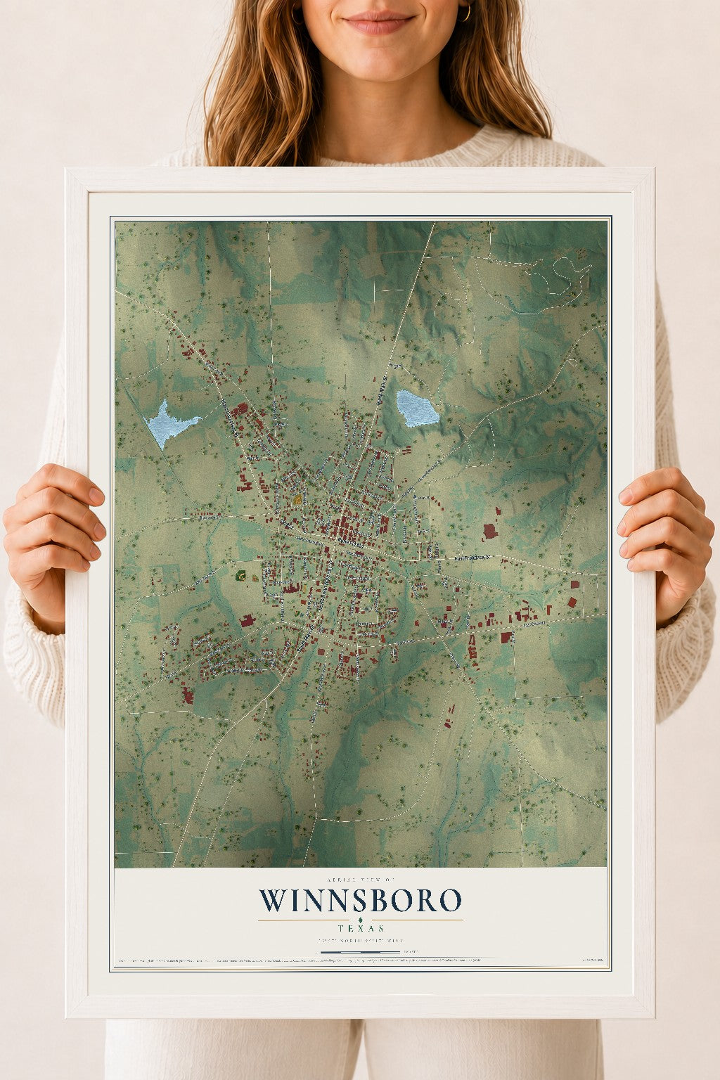 Map of Winnsboro, Texas, 18 x 24 inch print in a white wood frame