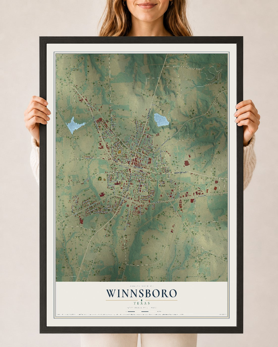 Map of Winnsboro, Texas, 24 x 36 inch print in a black wood frame