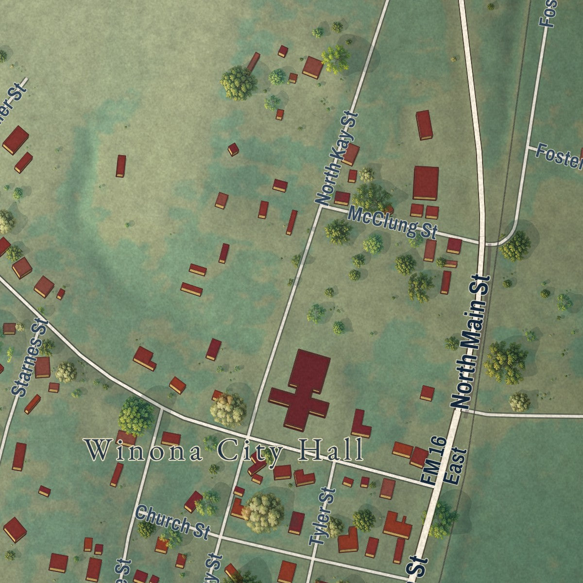 Close-up of the map of Winona, Texas print showing street and building detail