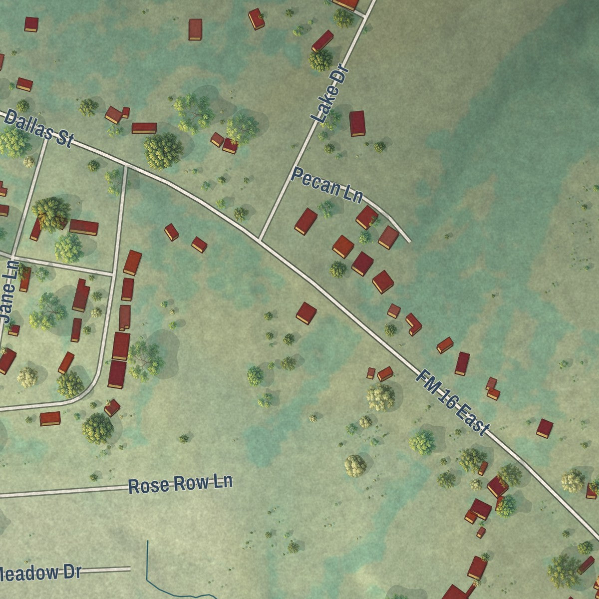 Second close-up of the map of Winona, Texas print showing more streets and buildings