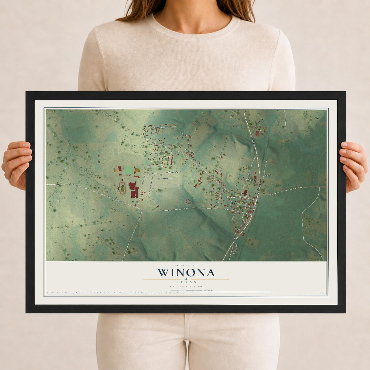 Map of Winona, Texas, 12 x 18 inch print in a black wood frame