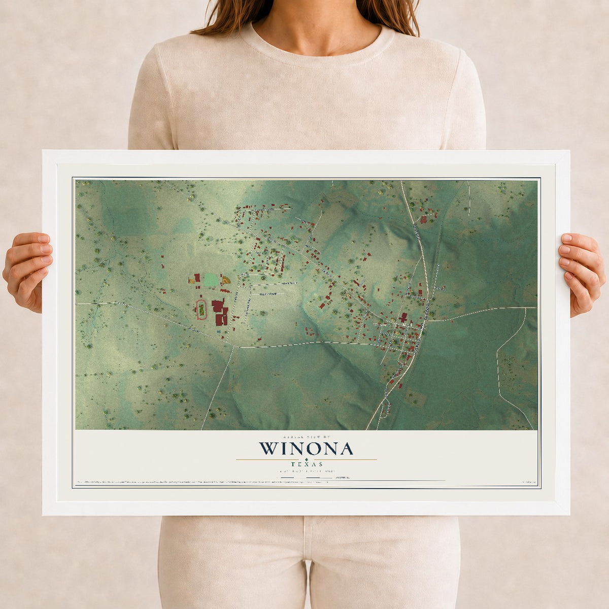 Map of Winona, Texas, 12 x 18 inch print in a white wood frame
