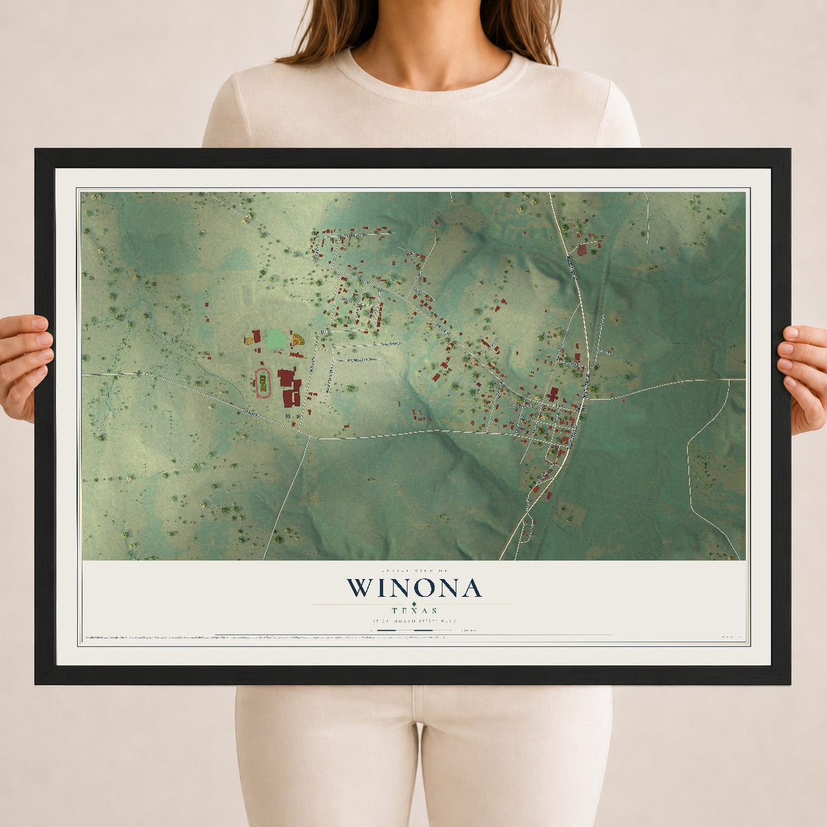 Map of Winona, Texas, 18 x 24 inch print in a black wood frame