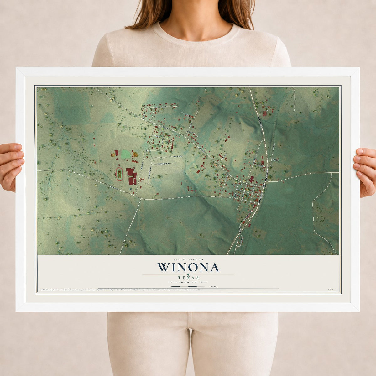 Map of Winona, Texas, 18 x 24 inch print in a white wood frame