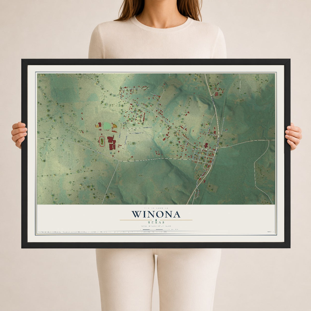 Map of Winona, Texas, 24 x 36 inch print in a black wood frame