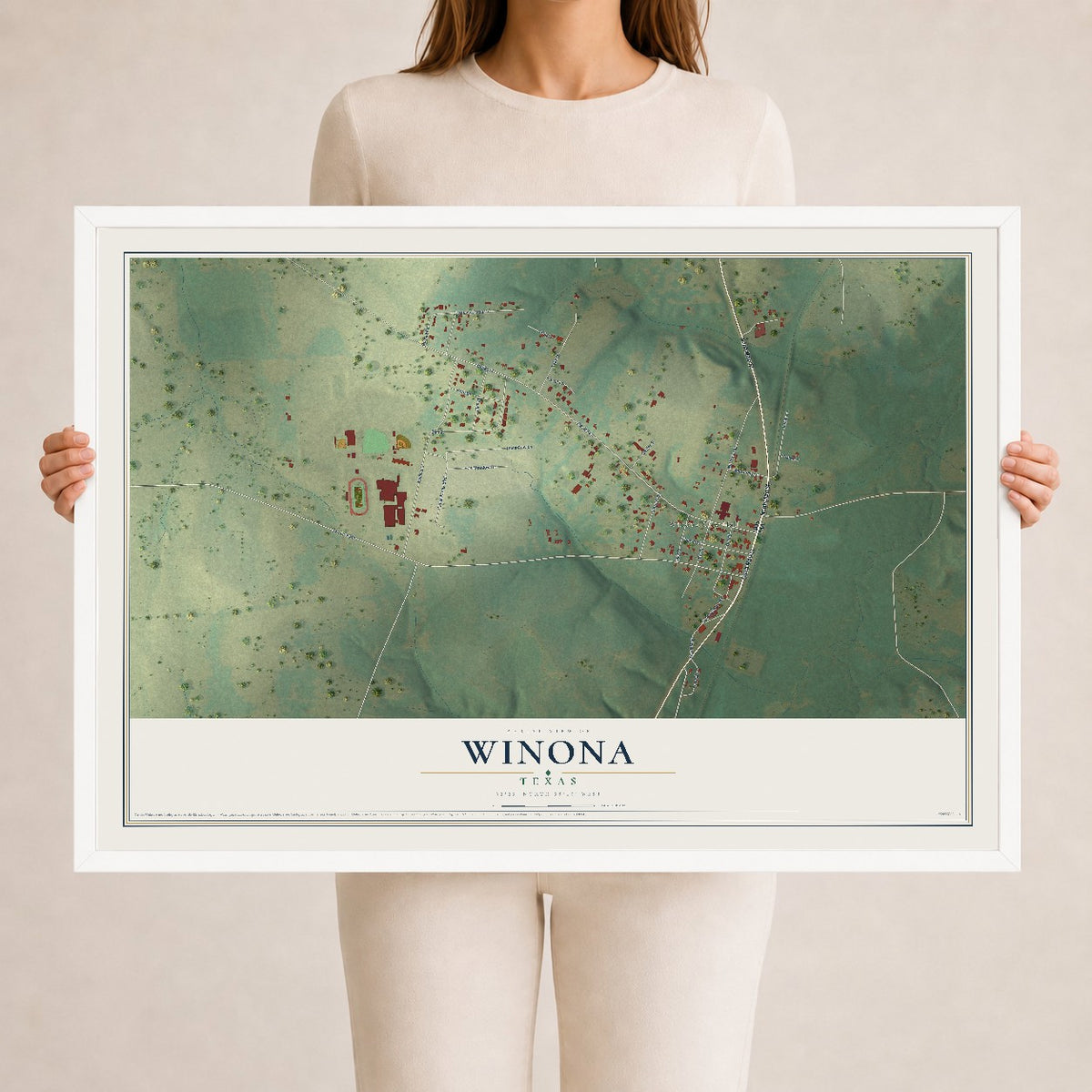 Map of Winona, Texas, 24 x 36 inch print in a white wood frame