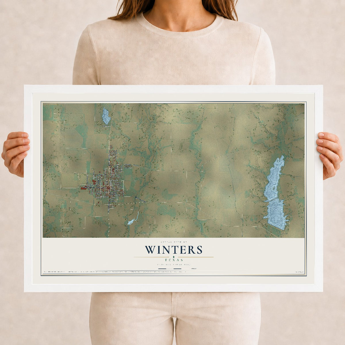 Map of Winters, Texas, 12 x 18 inch print in a white wood frame