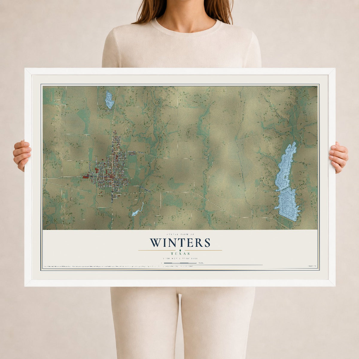 Map of Winters, Texas, 24 x 36 inch print in a white wood frame