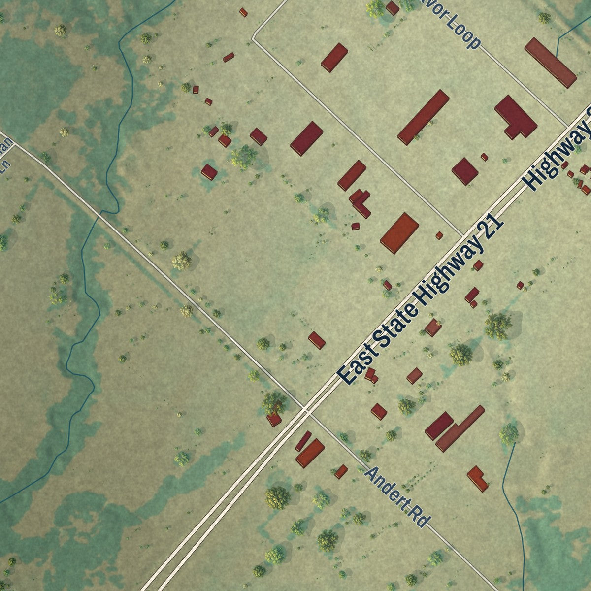 Close-up of the map of Wixon Valley, Texas print showing street and building detail