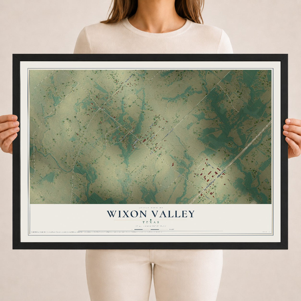Map of Wixon Valley, Texas, 18 x 24 inch print in a black wood frame