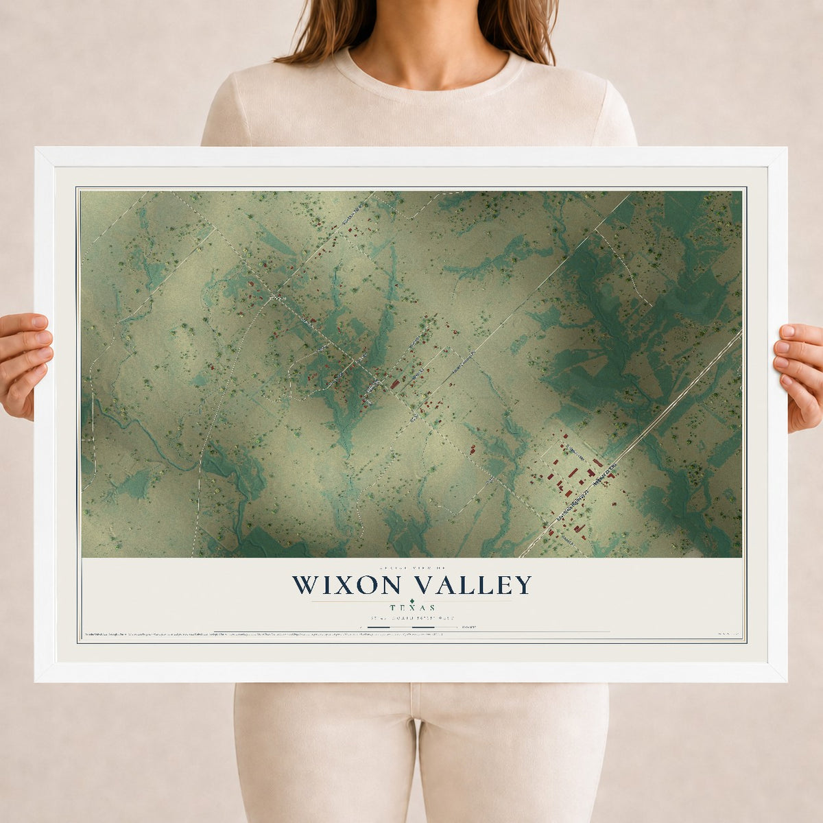 Map of Wixon Valley, Texas, 18 x 24 inch print in a white wood frame