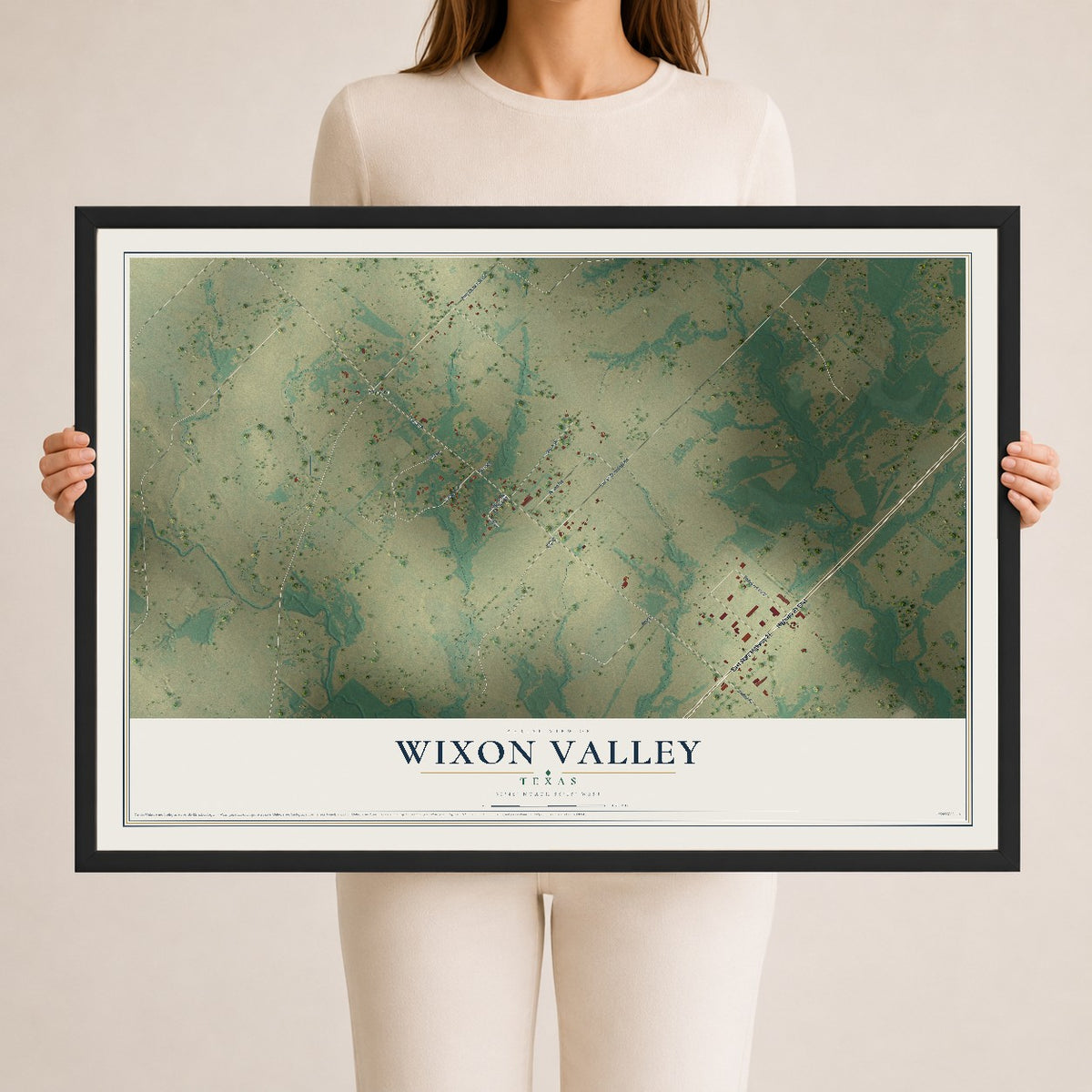 Map of Wixon Valley, Texas, 24 x 36 inch print in a black wood frame