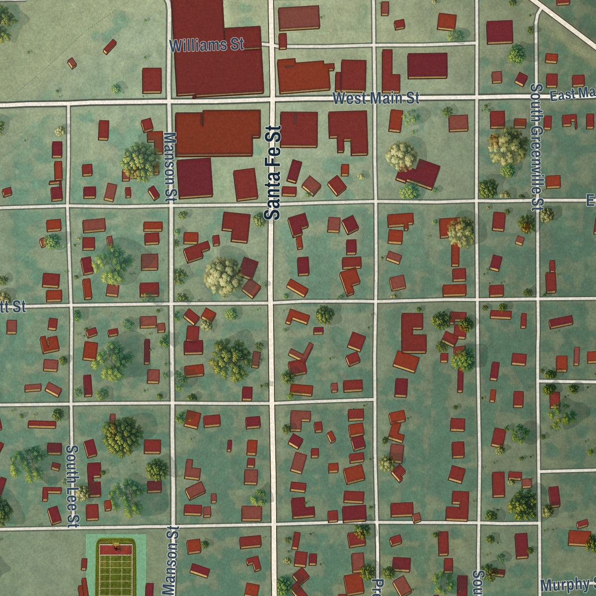 Close-up of the map of Wolfe City, Texas print showing street and building detail