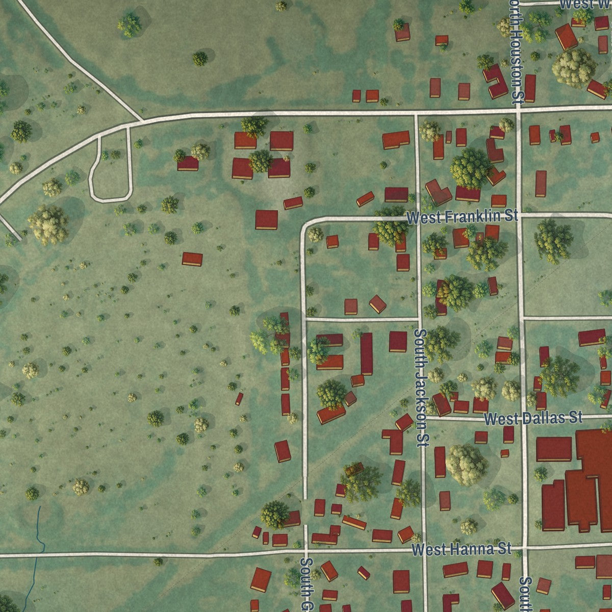 Second close-up of the map of Wolfe City, Texas print showing more streets and buildings