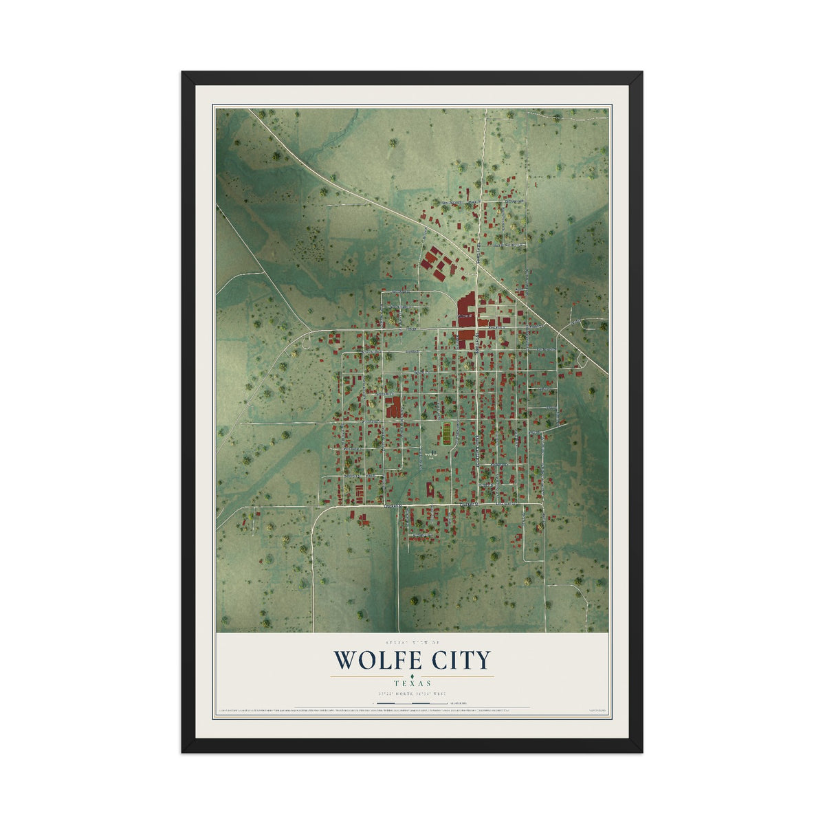 Map of Wolfe City, Texas, 12 x 18 inch print in a black wood frame
