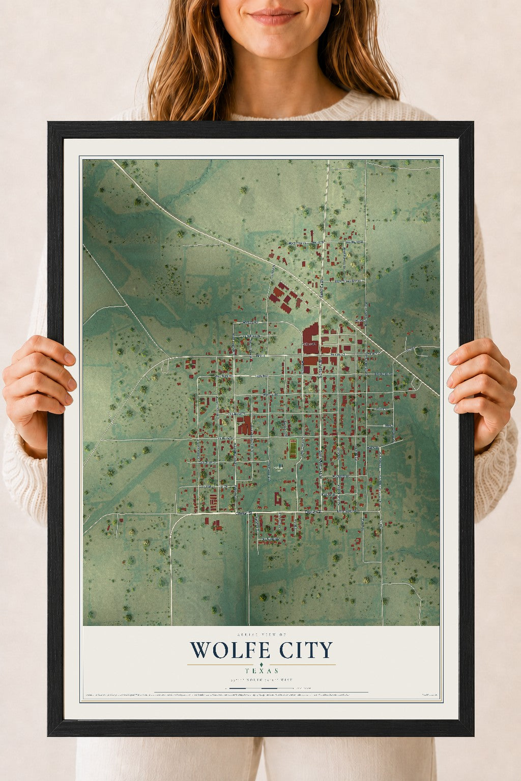 Map of Wolfe City, Texas, 18 x 24 inch print in a black wood frame
