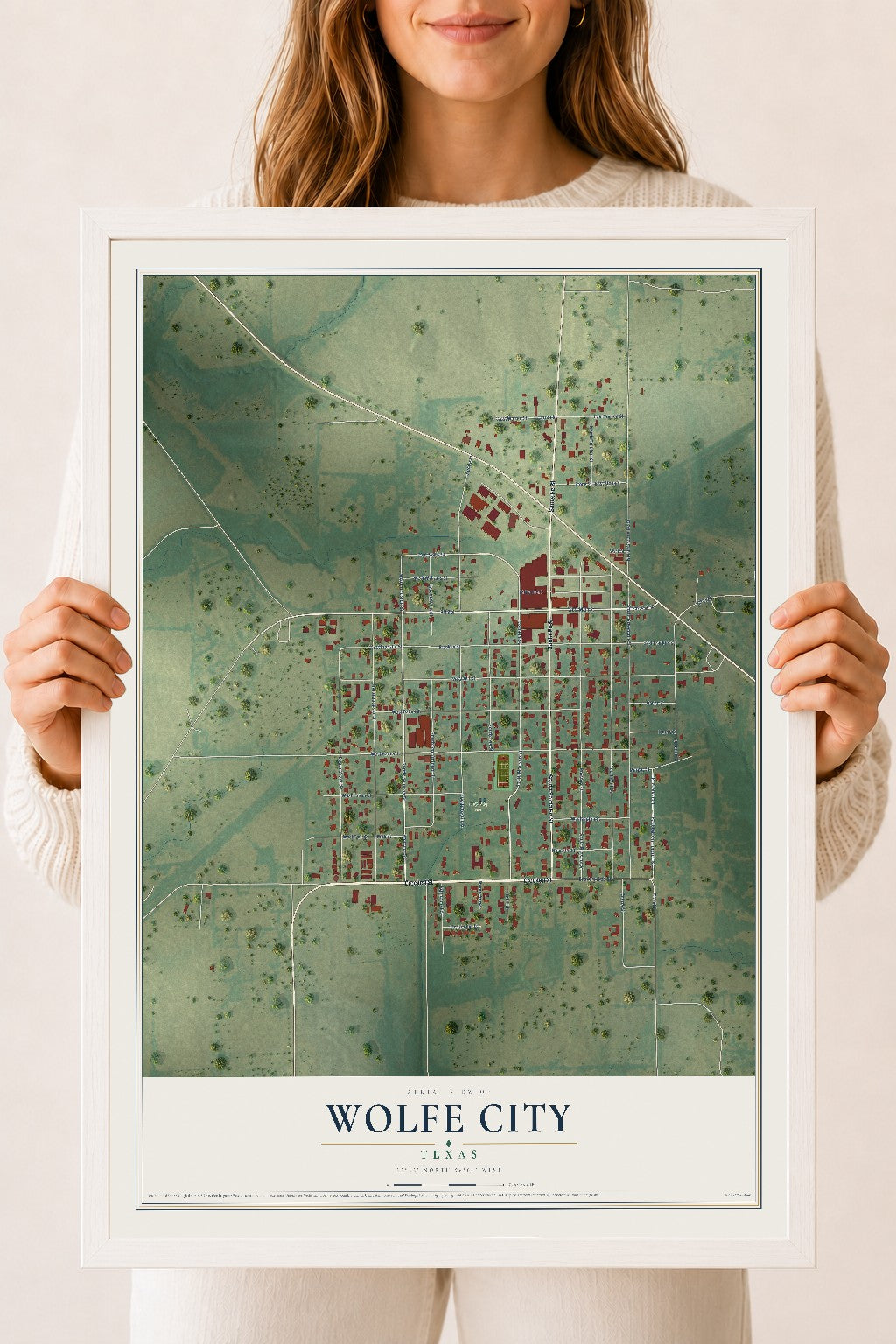 Map of Wolfe City, Texas, 18 x 24 inch print in a white wood frame