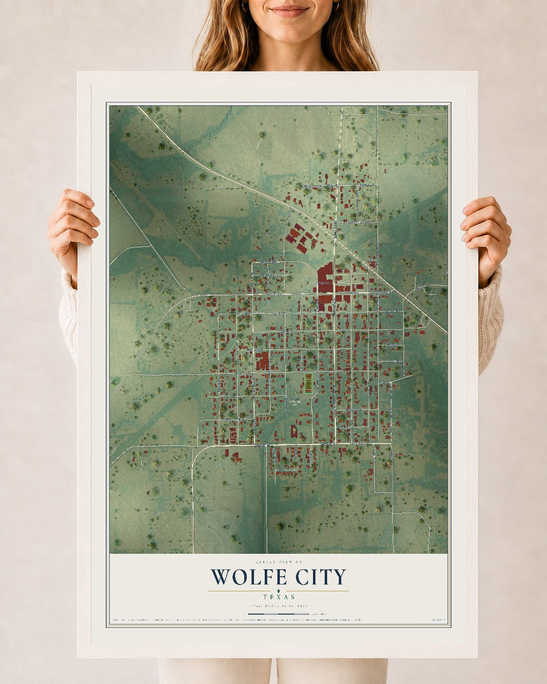 Map of Wolfe City, Texas, 24 x 36 inch print in a white wood frame