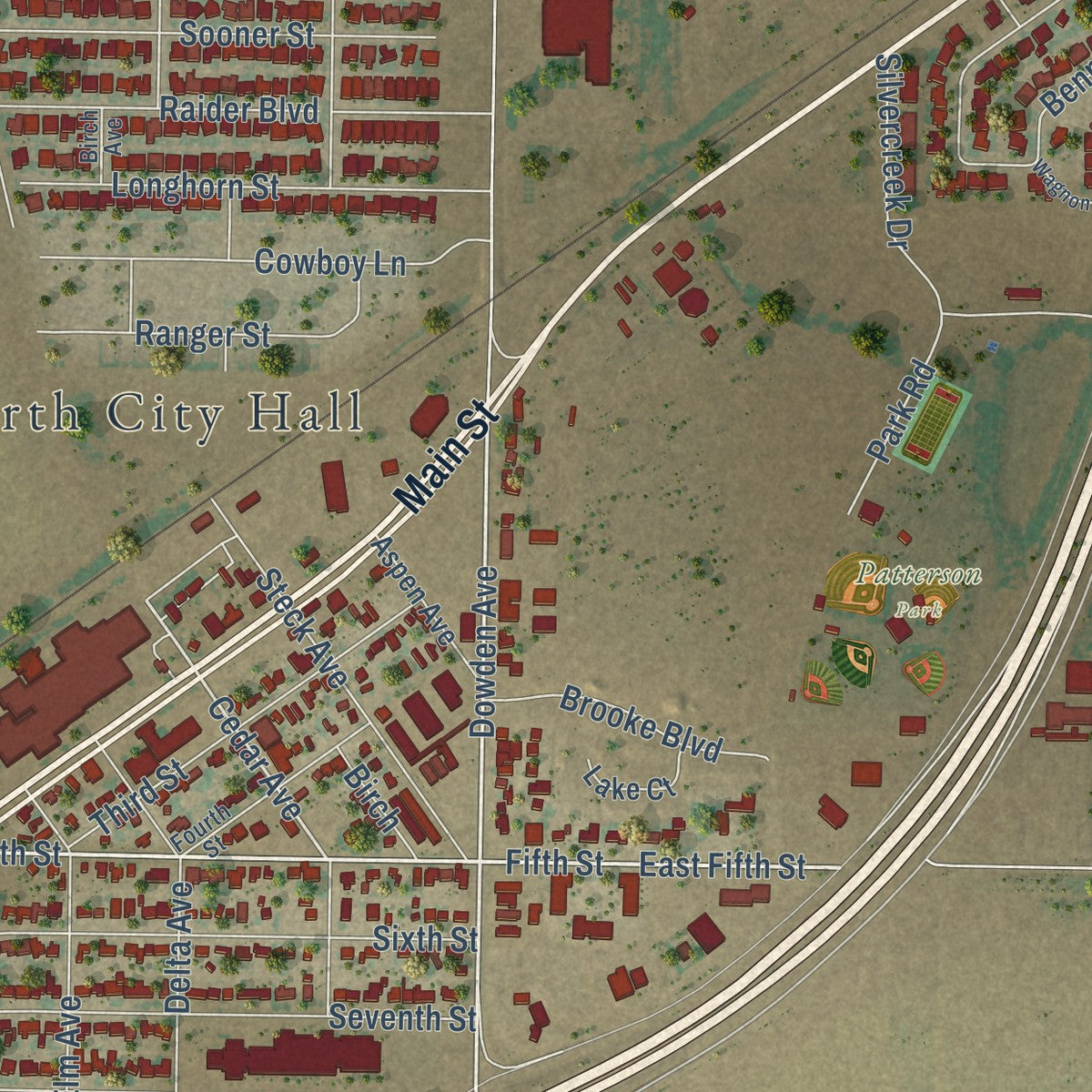 Close-up of the map of Wolfforth, Texas print showing street and building detail