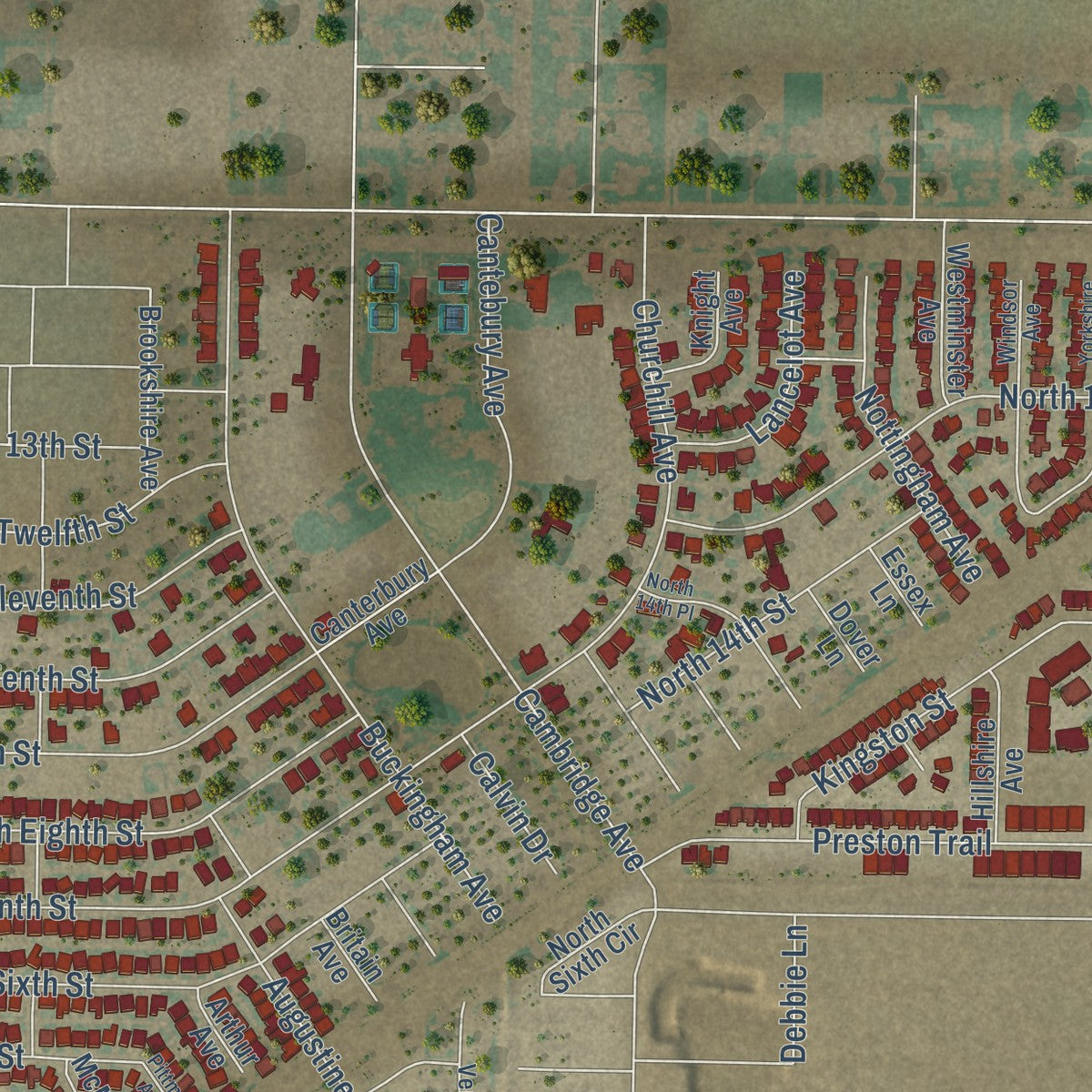 Second close-up of the map of Wolfforth, Texas print showing more streets and buildings