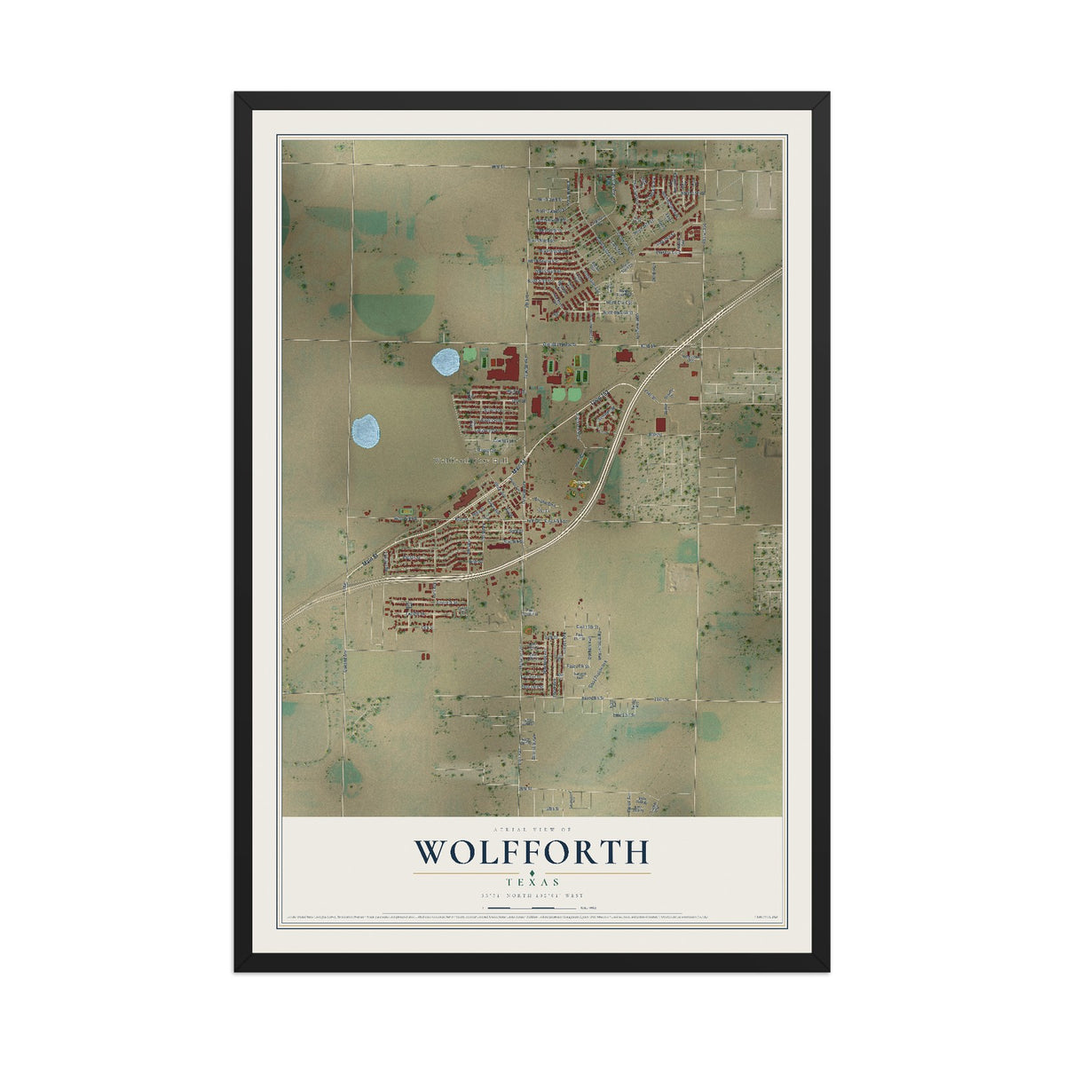 Map of Wolfforth, Texas, 12 x 18 inch print in a black wood frame