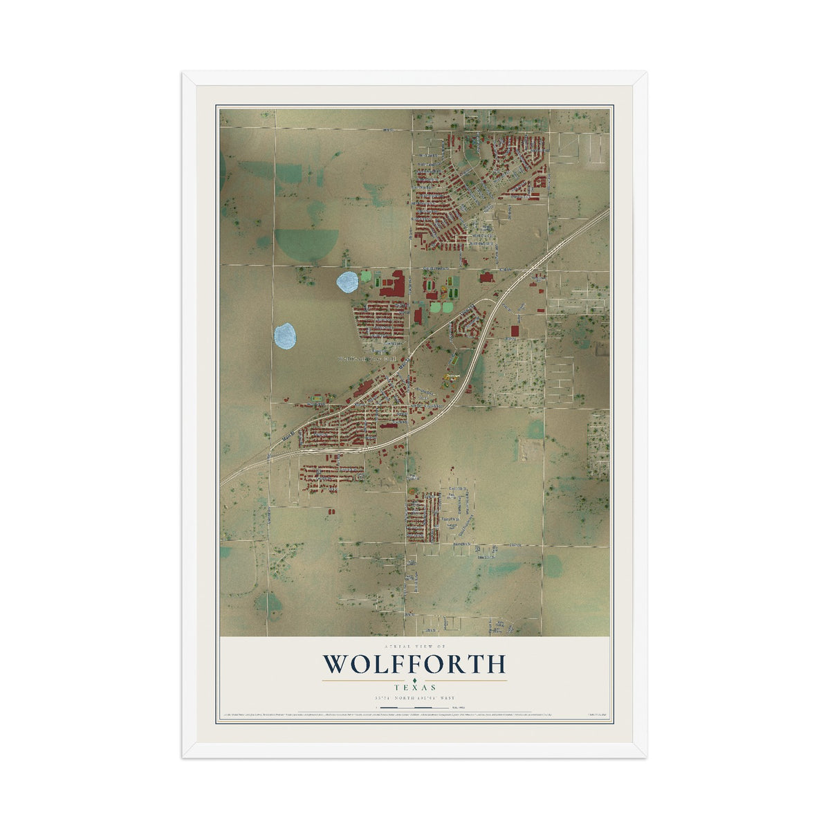 Map of Wolfforth, Texas, 12 x 18 inch print in a white wood frame