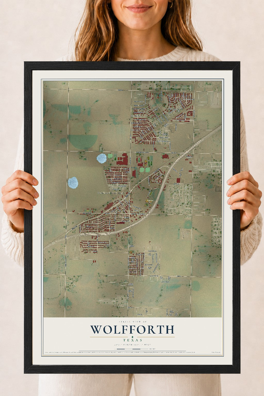 Map of Wolfforth, Texas, 18 x 24 inch print in a black wood frame