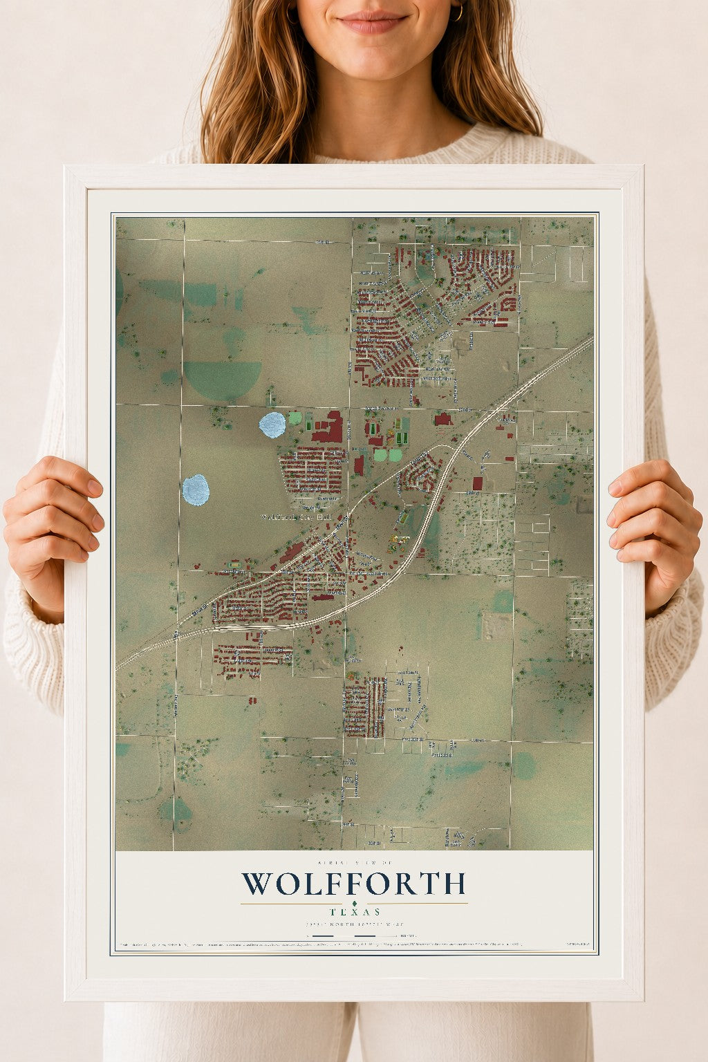 Map of Wolfforth, Texas, 18 x 24 inch print in a white wood frame