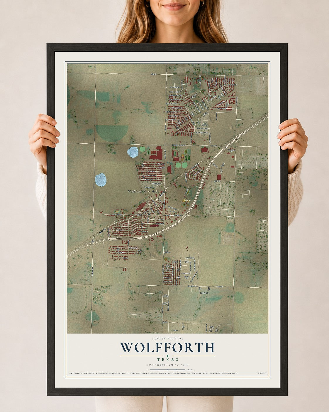 Map of Wolfforth, Texas, 24 x 36 inch print in a black wood frame