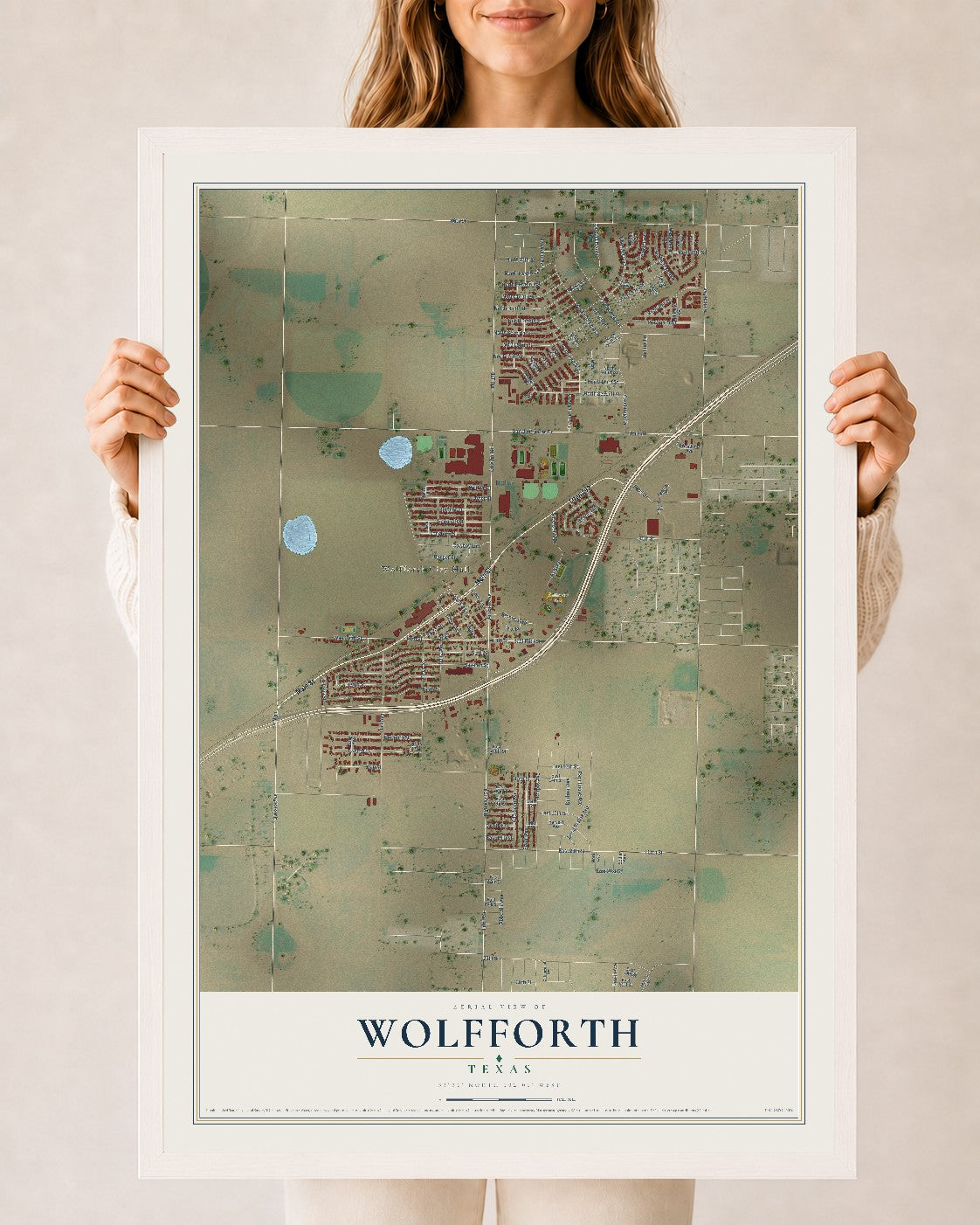 Map of Wolfforth, Texas, 24 x 36 inch print in a white wood frame
