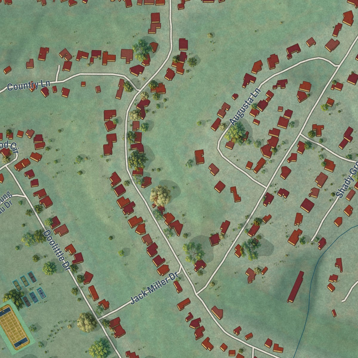 Second close-up of the map of Woodcreek, Texas print showing more streets and buildings