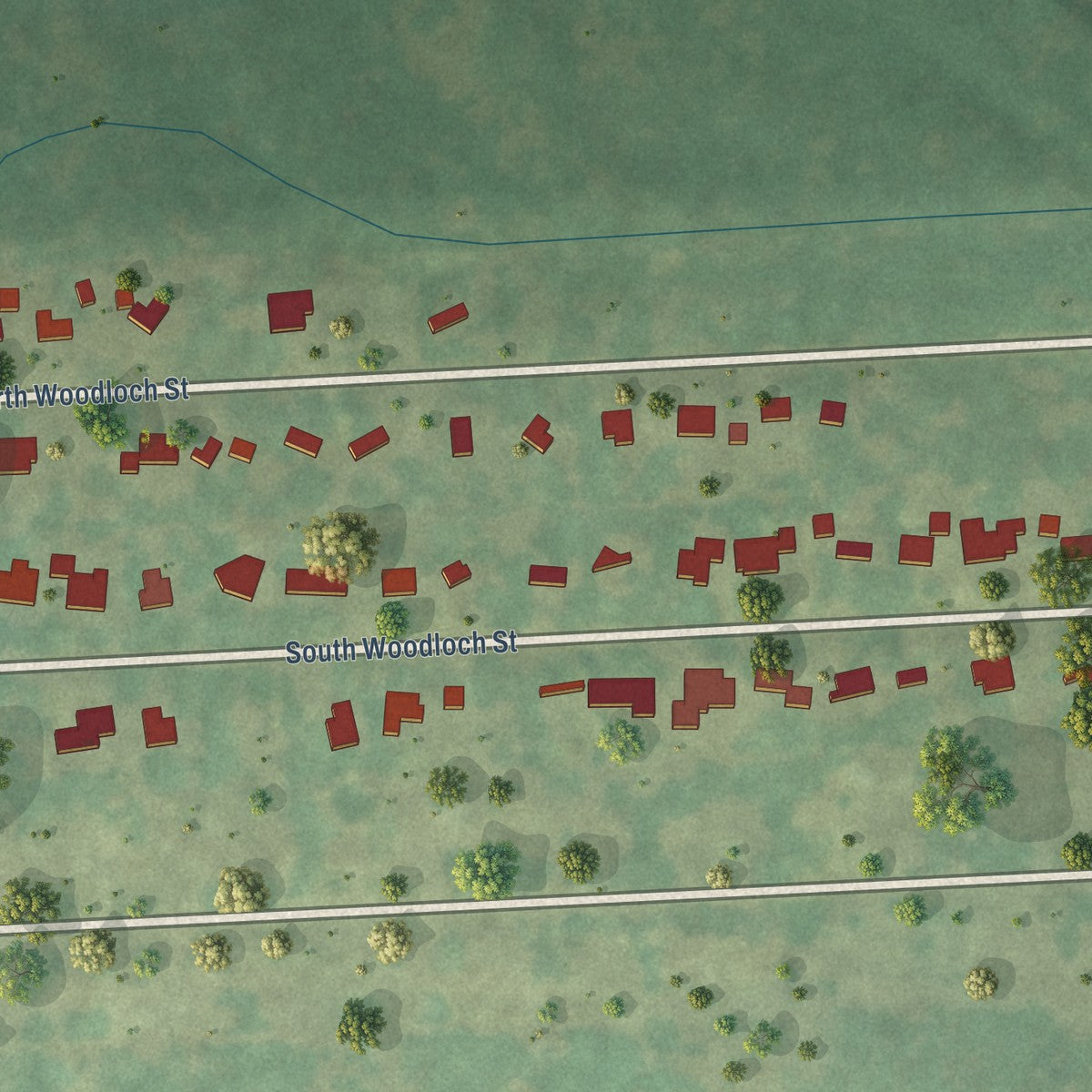 Second close-up of the map of Woodloch, Texas print showing more streets and buildings