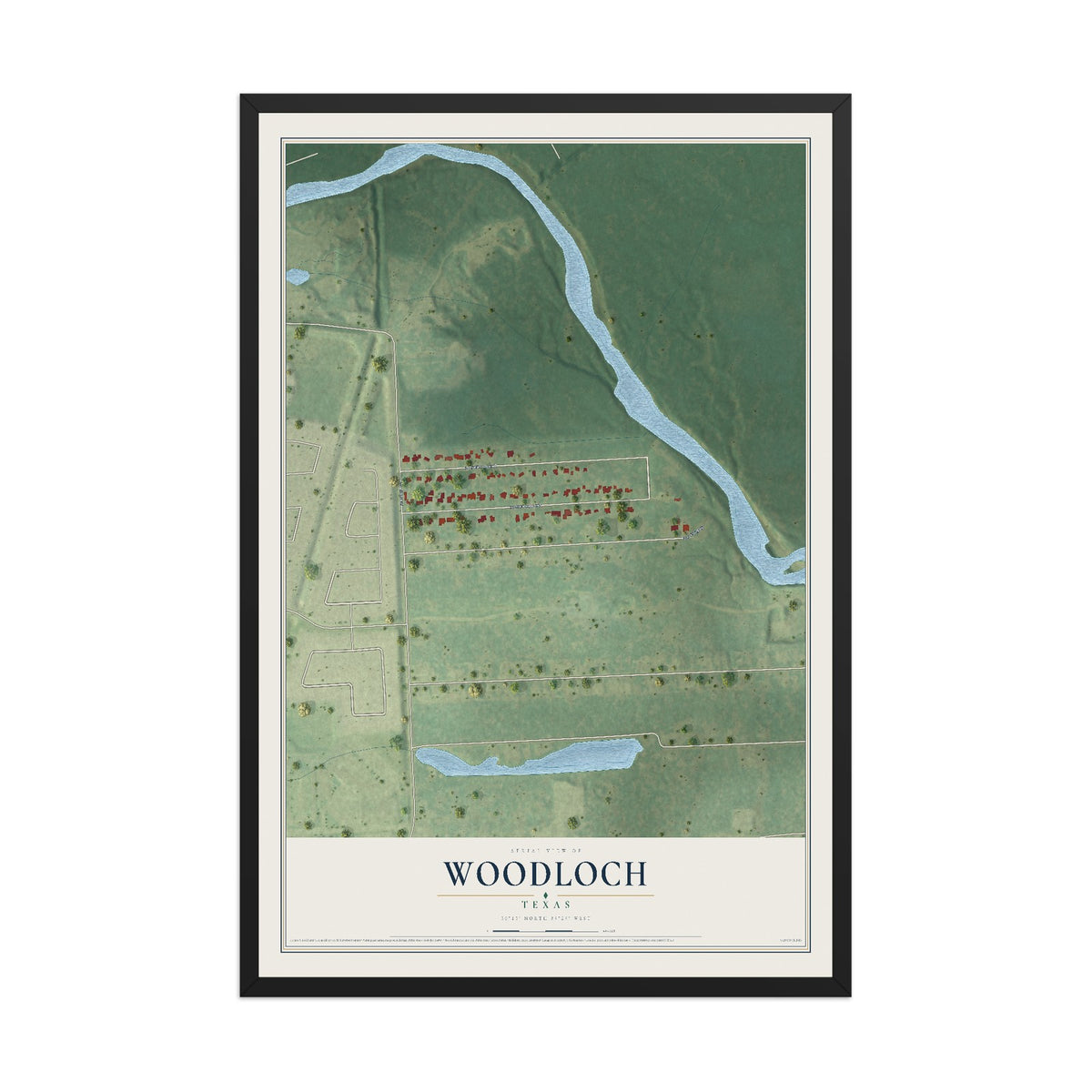 Map of Woodloch, Texas, 12 x 18 inch print in a black wood frame