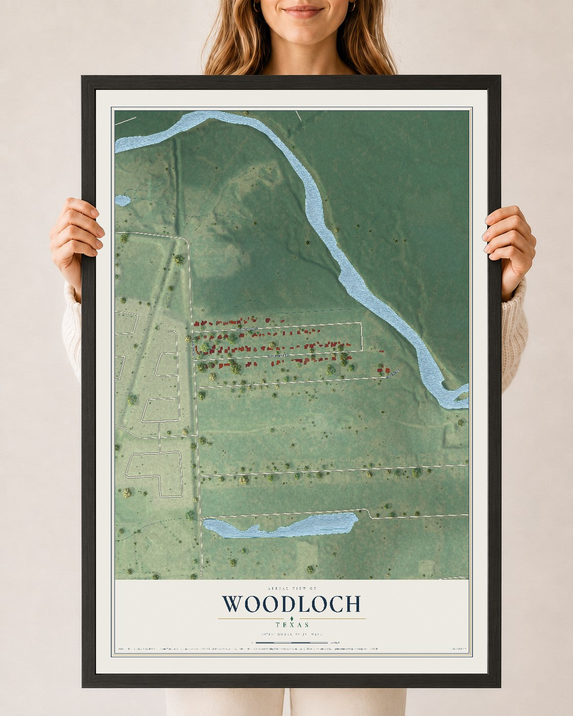 Map of Woodloch, Texas, 24 x 36 inch print in a black wood frame