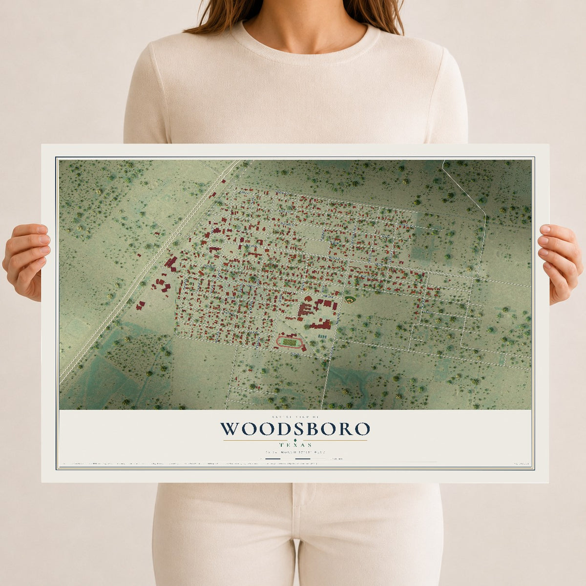Map of Woodsboro, Texas, 12 x 18 inch unframed archival matte print
