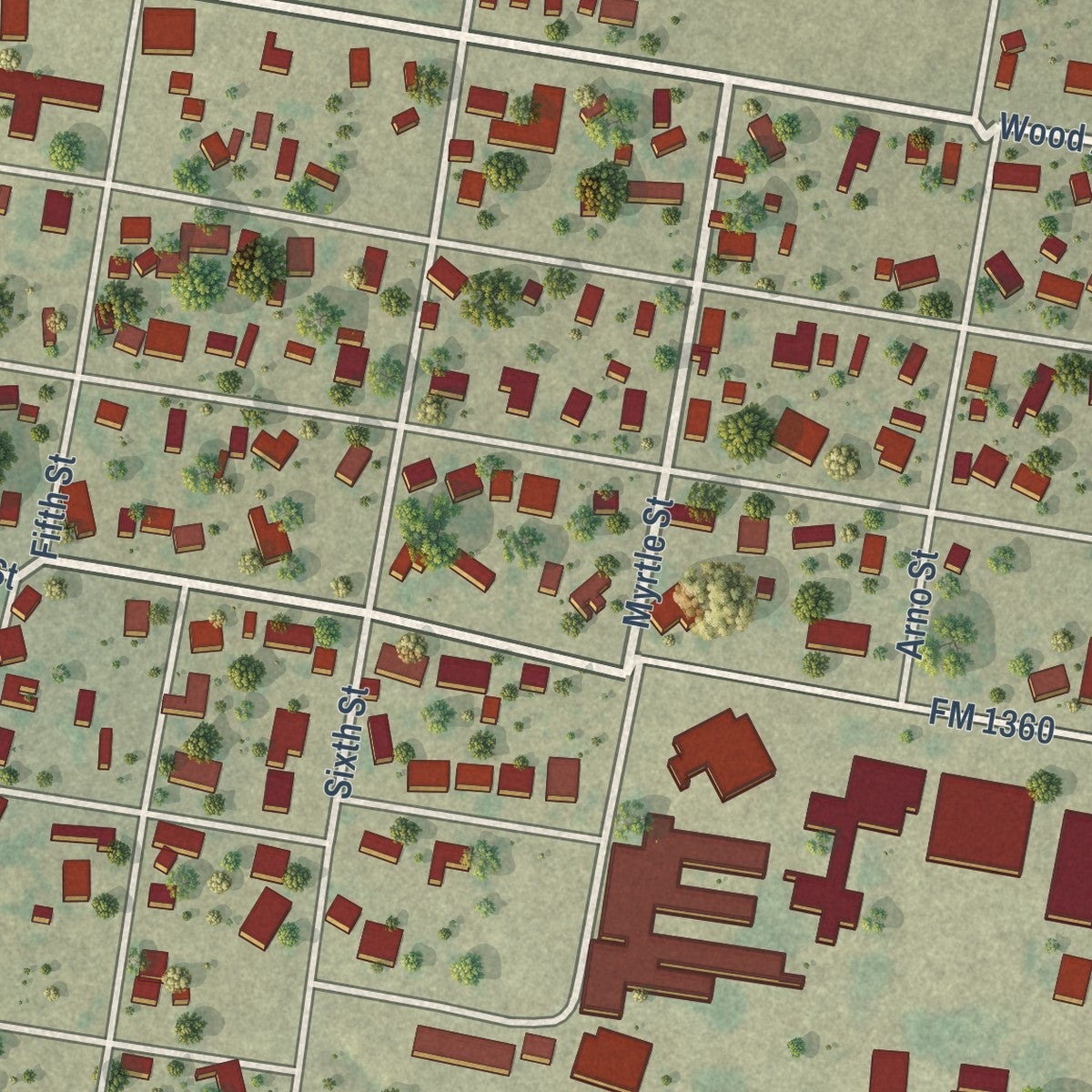 Close-up of the map of Woodsboro, Texas print showing street and building detail