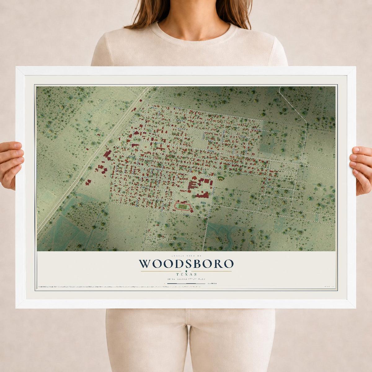 Map of Woodsboro, Texas, 18 x 24 inch print in a white wood frame