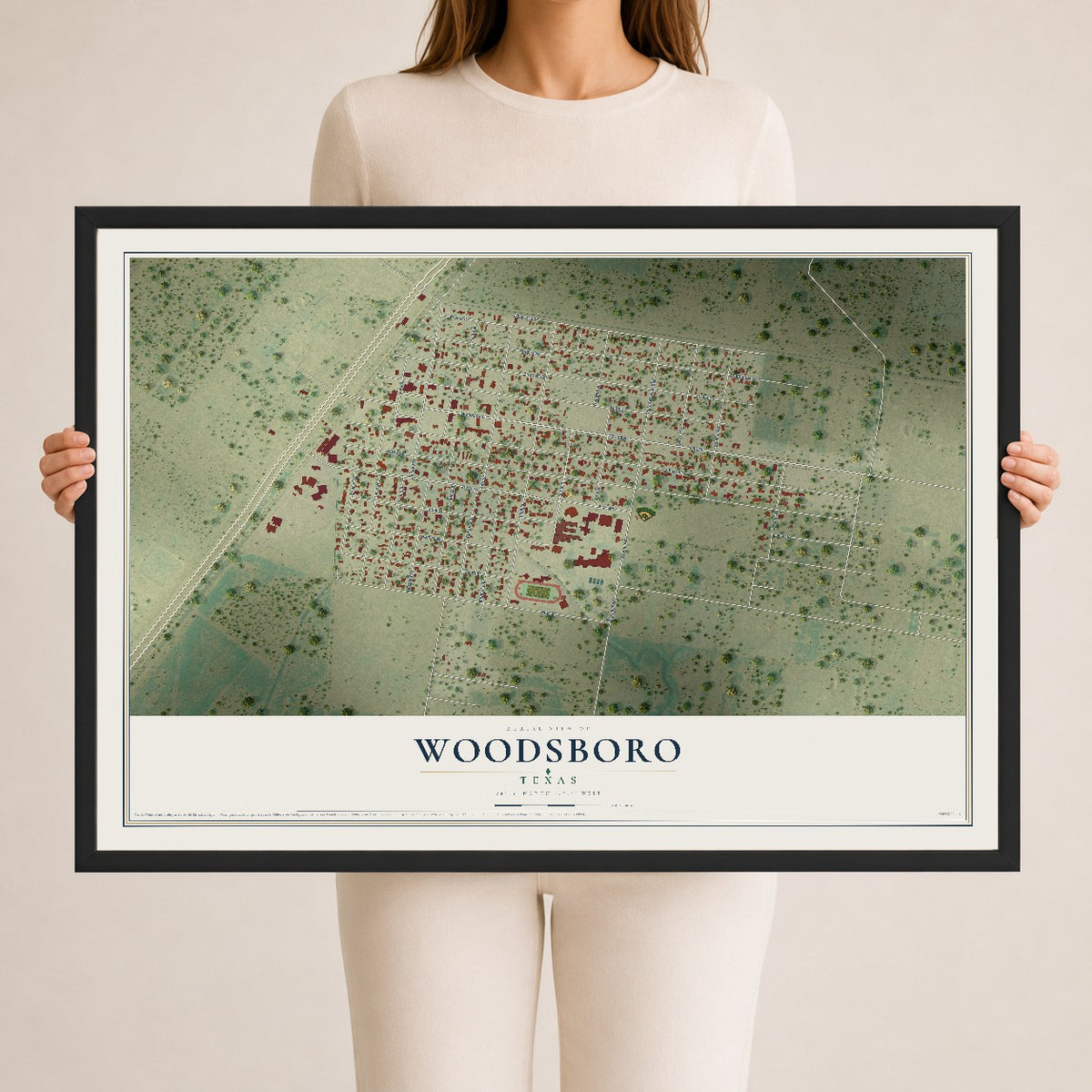 Map of Woodsboro, Texas, 24 x 36 inch print in a black wood frame