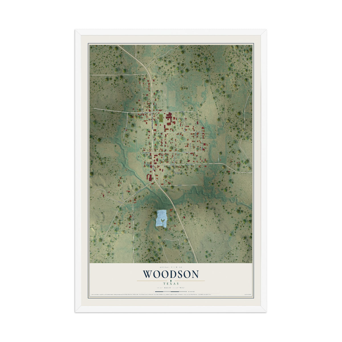 Map of Woodson, Texas, 12 x 18 inch print in a white wood frame