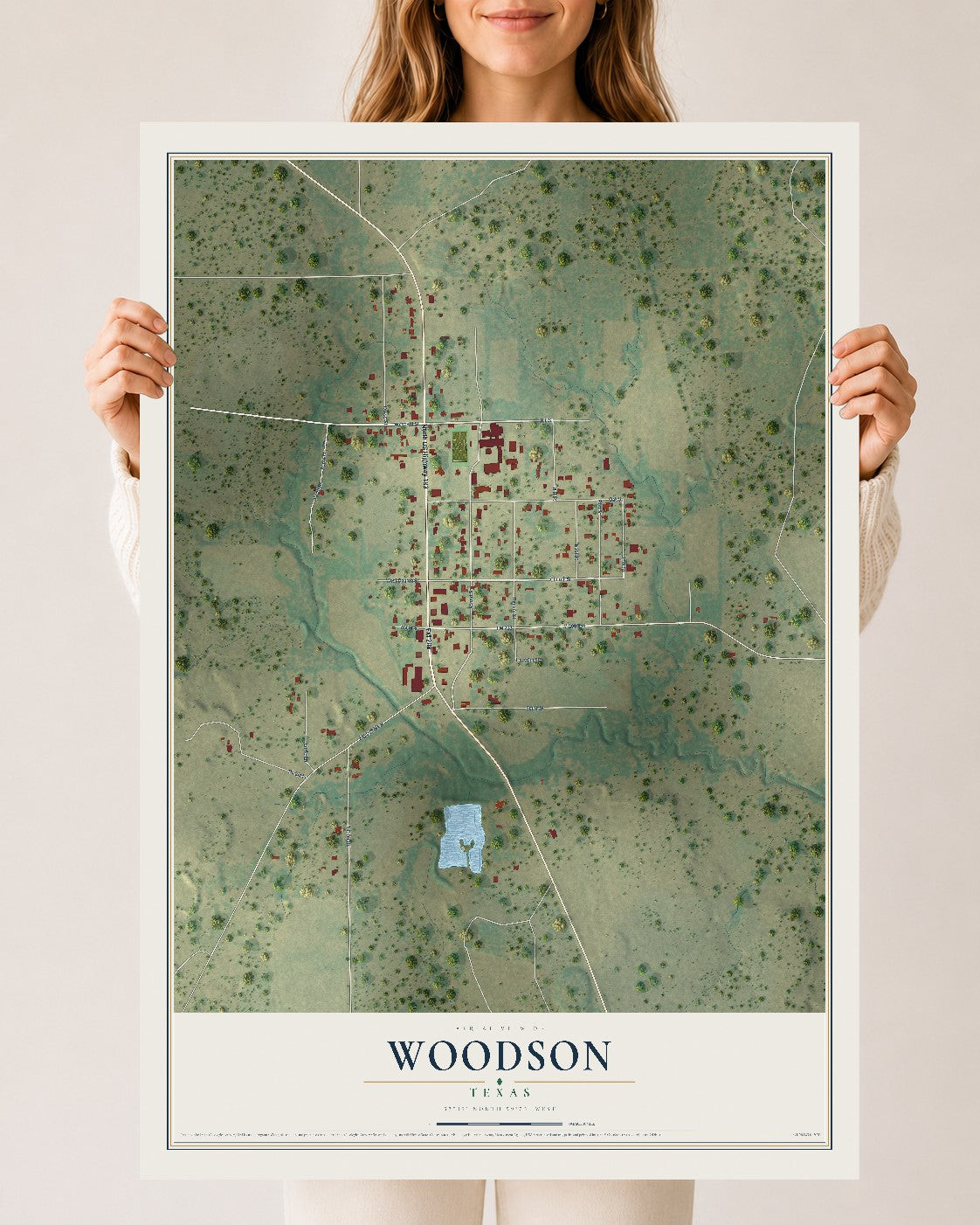 Map of Woodson, Texas, 24 x 36 inch unframed archival matte print